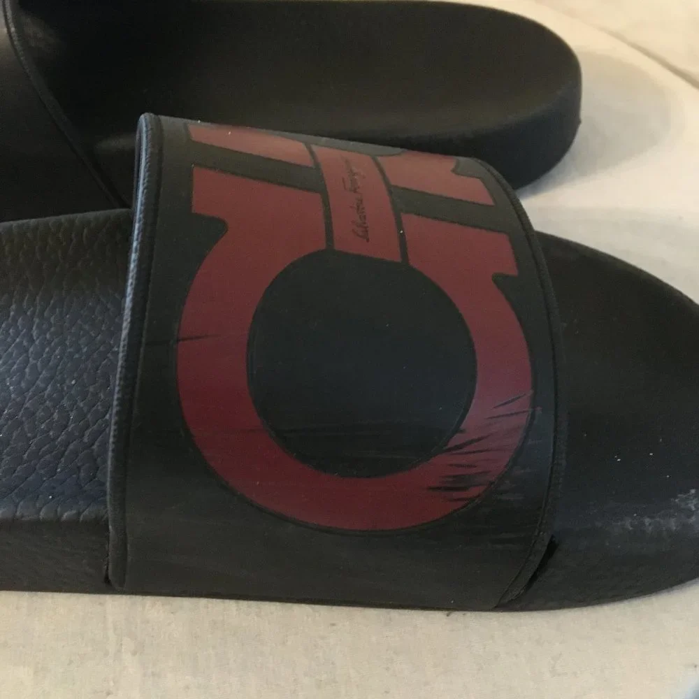 Salvatore Ferragamo Black and Red Slide Sandals